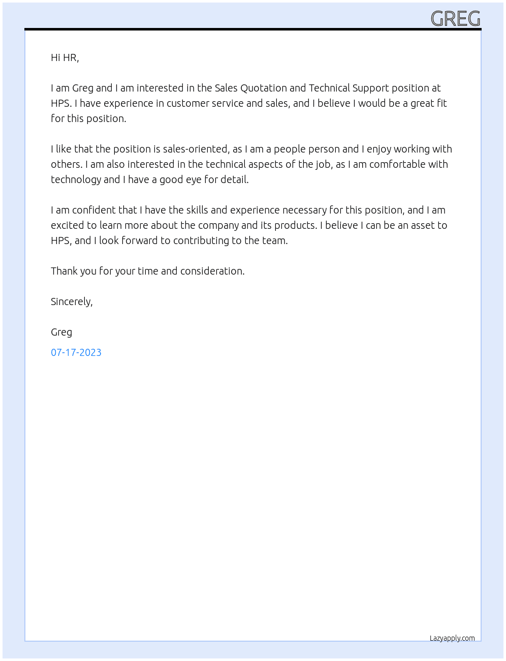 Sales Quotation and Technical Support At HPS Cover Letter
