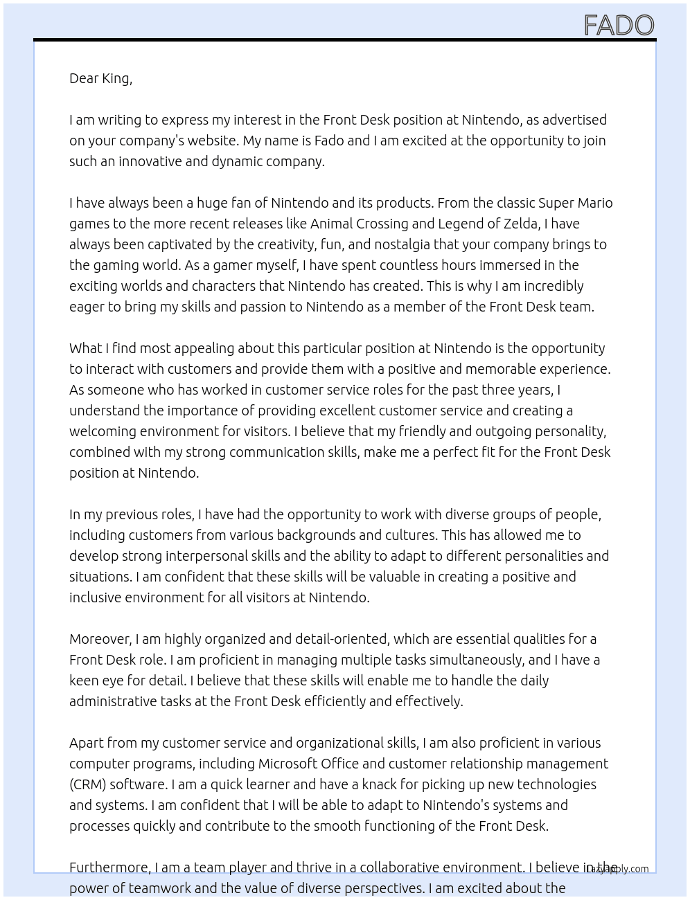 Front Desk At Nintendo Cover Letter