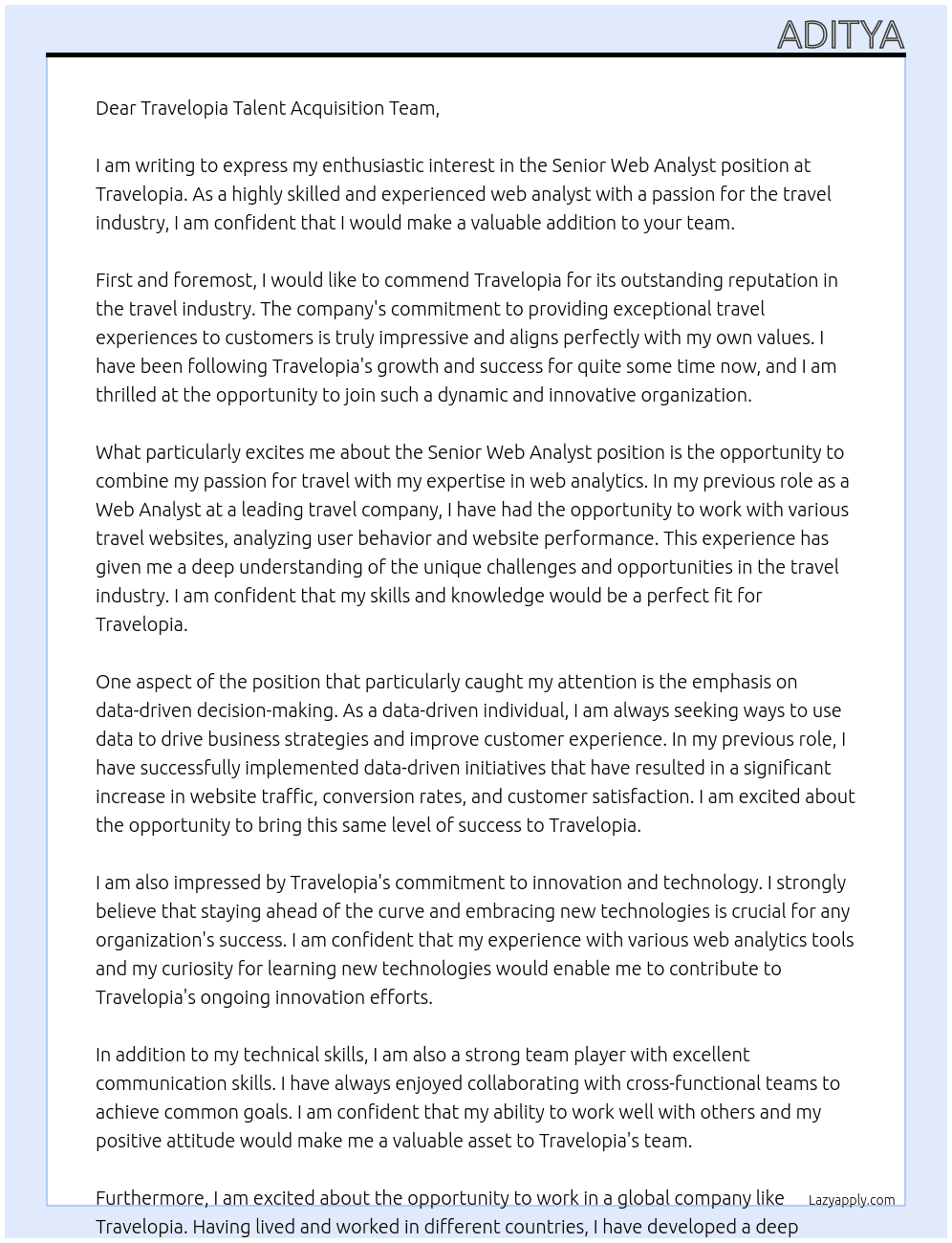 Senior web analyst At Travelopia Cover Letter