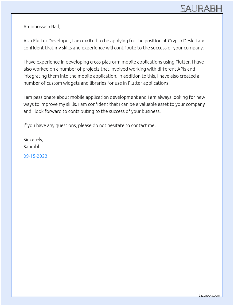 Flutter Developer At Crypto Desk Cover Letter