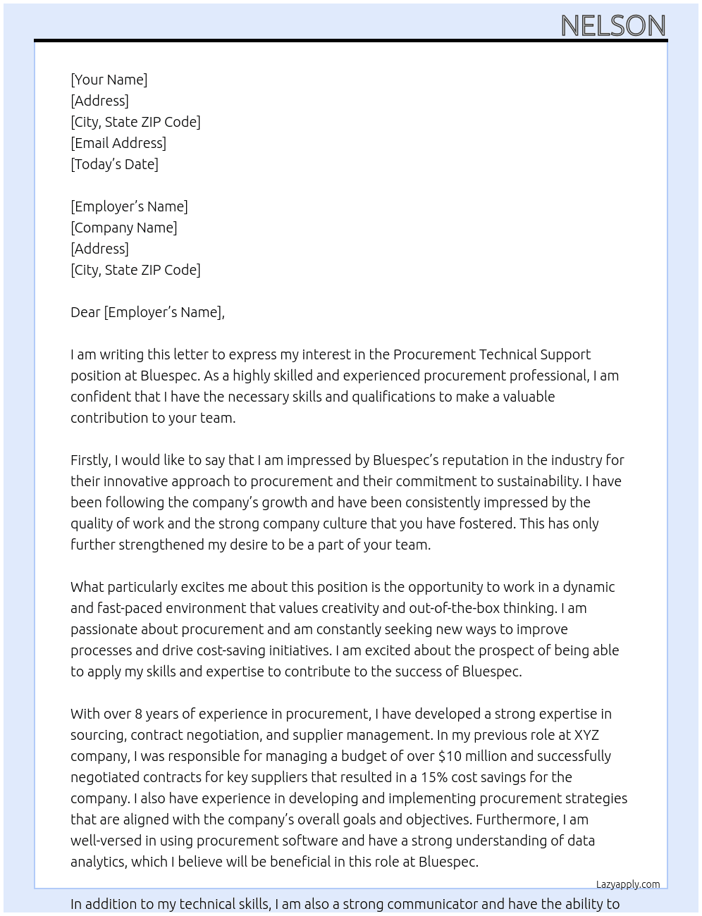 Procurement Technical Support At bluespec Cover Letter