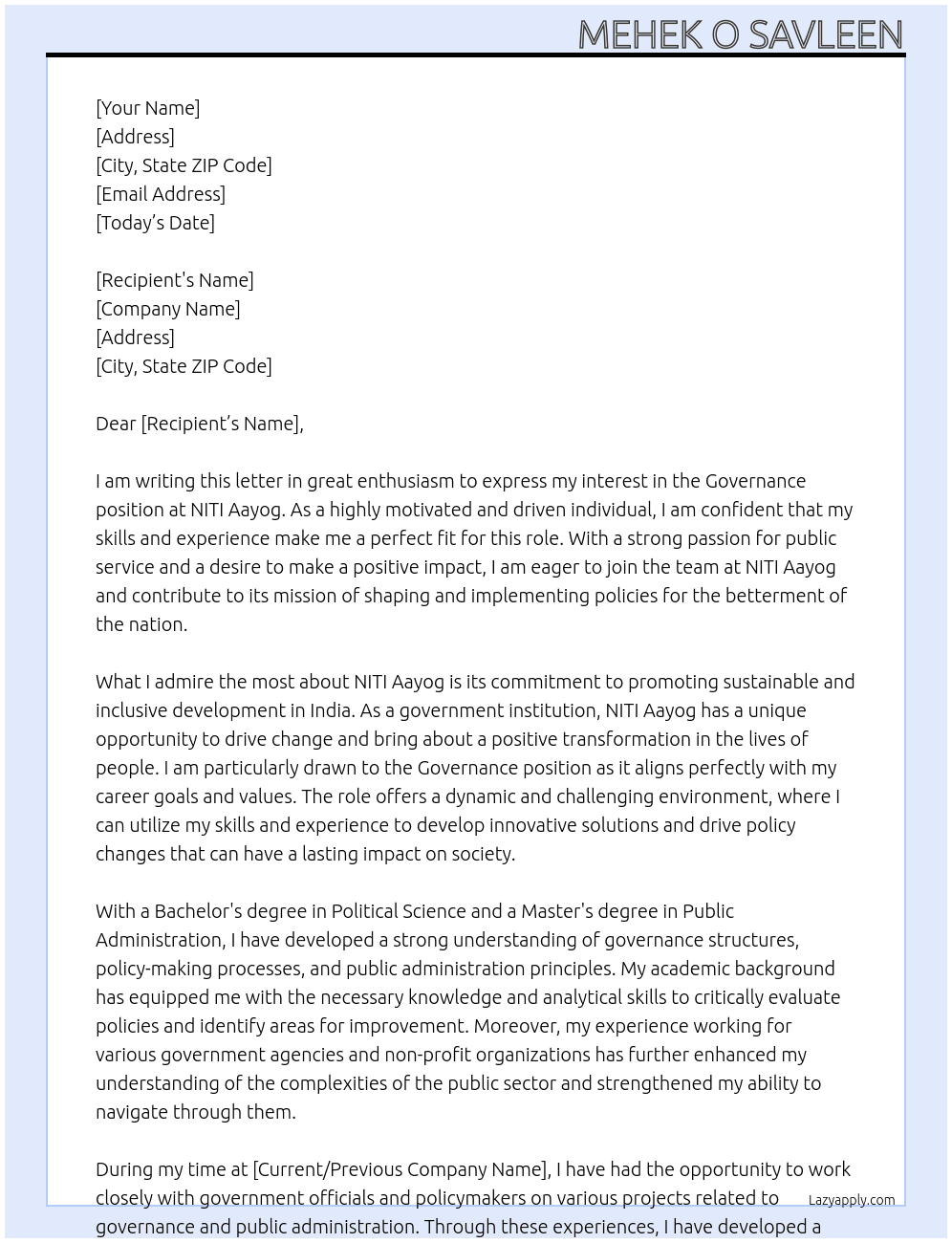 Governance At NITI Aayog Cover Letter
