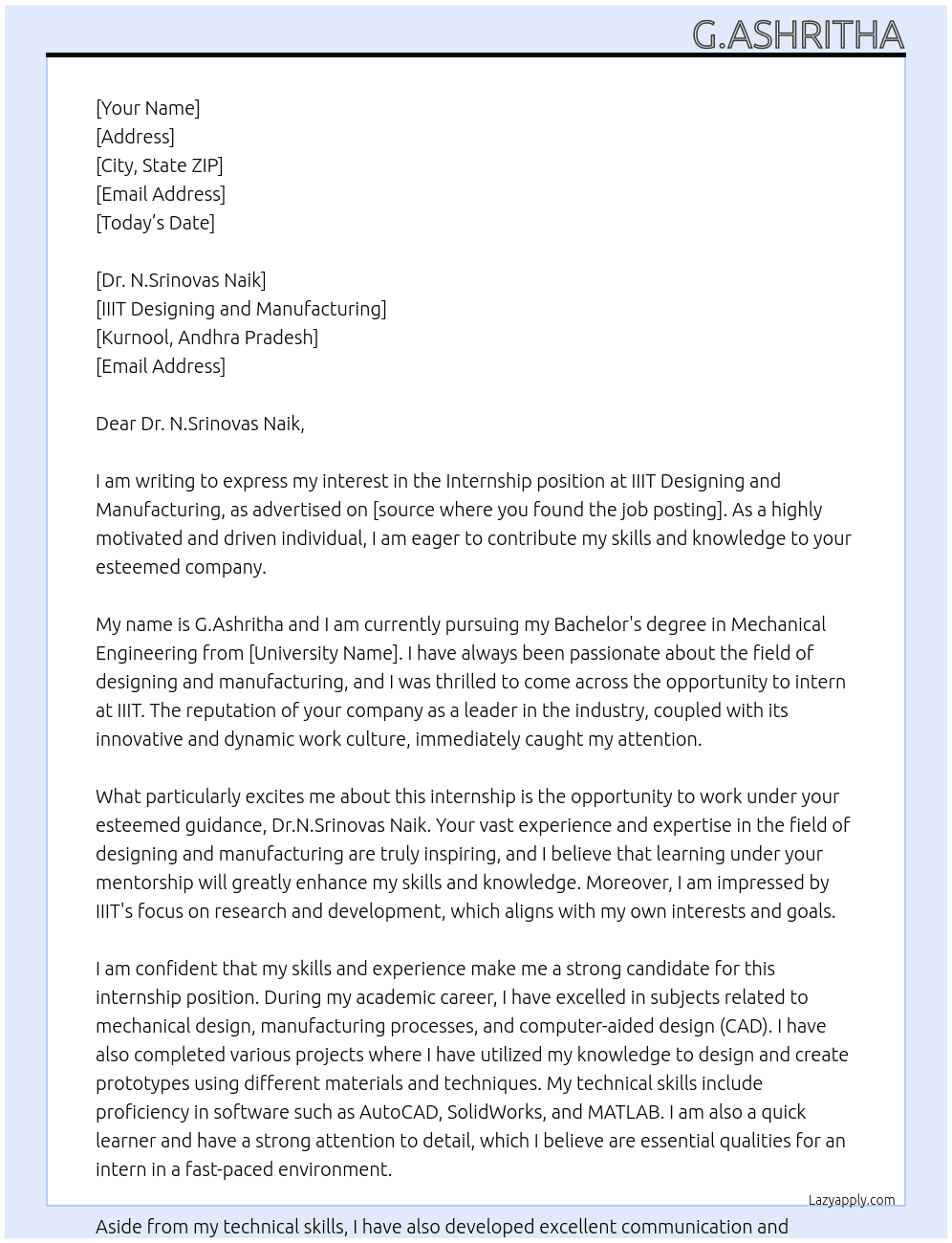 Internship At IIIT Designing and Manufacturing,kurnool Cover Letter