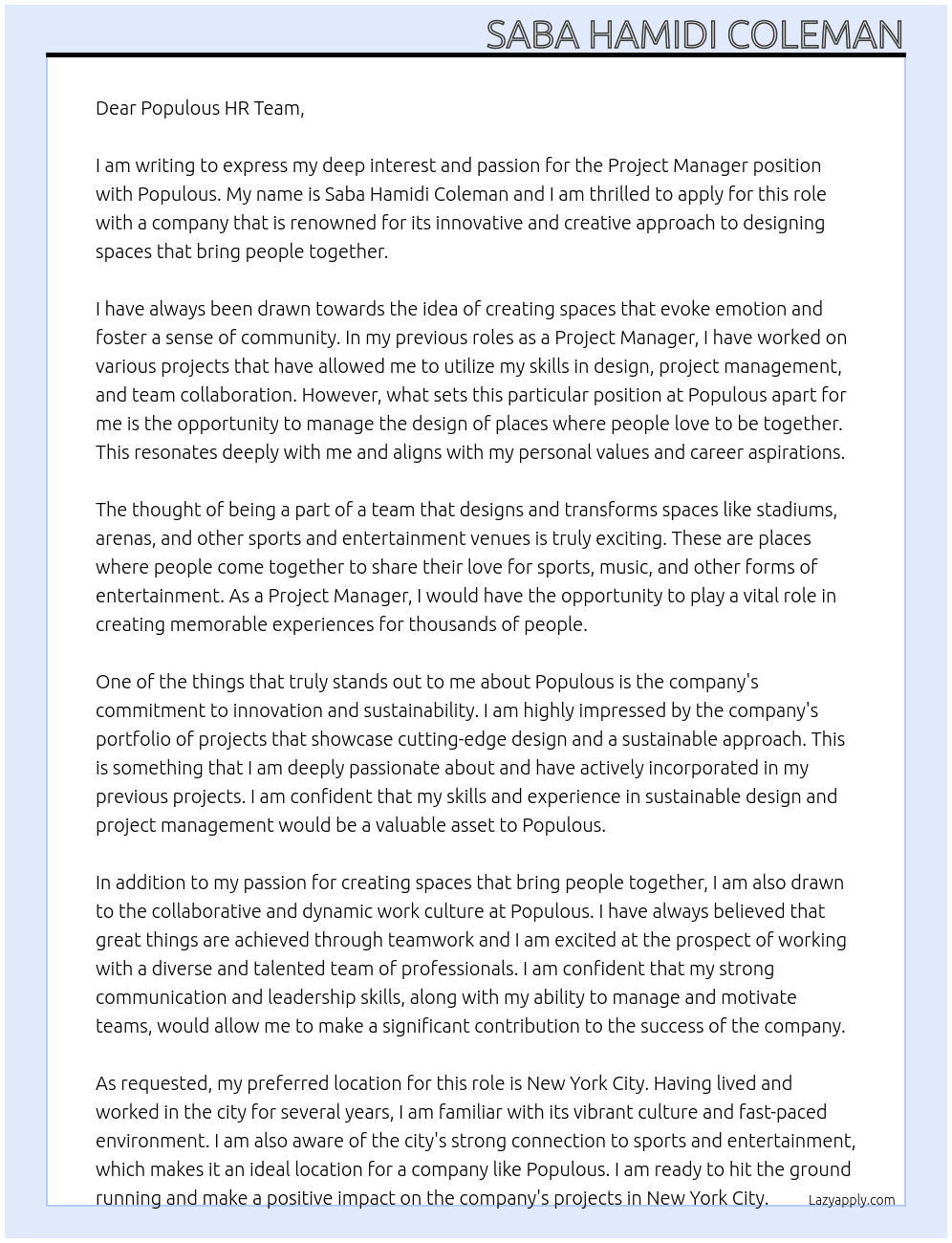 Project Manager At populous Cover Letter