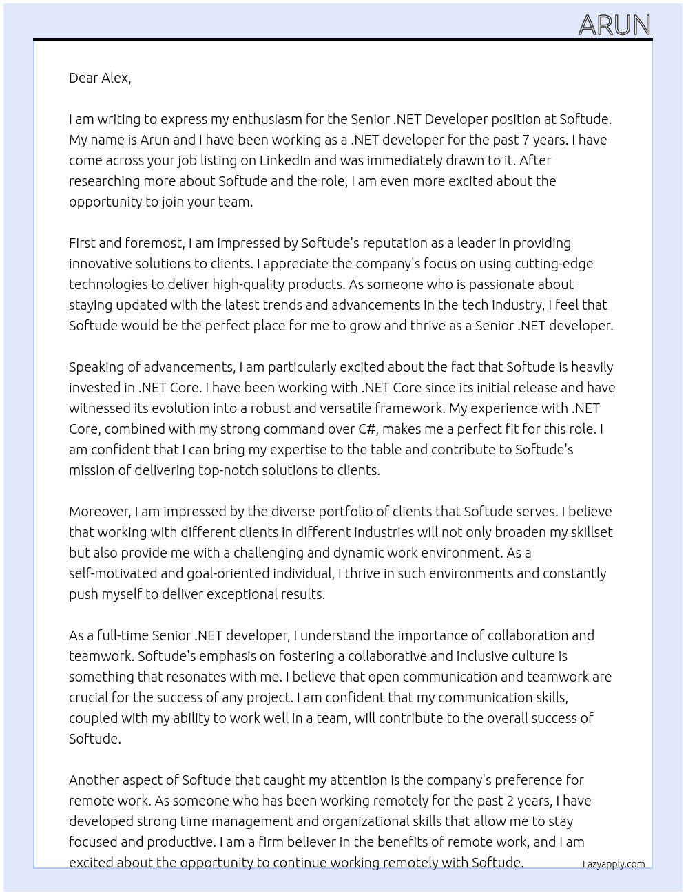 Senior .NET developer At Softude Cover Letter
