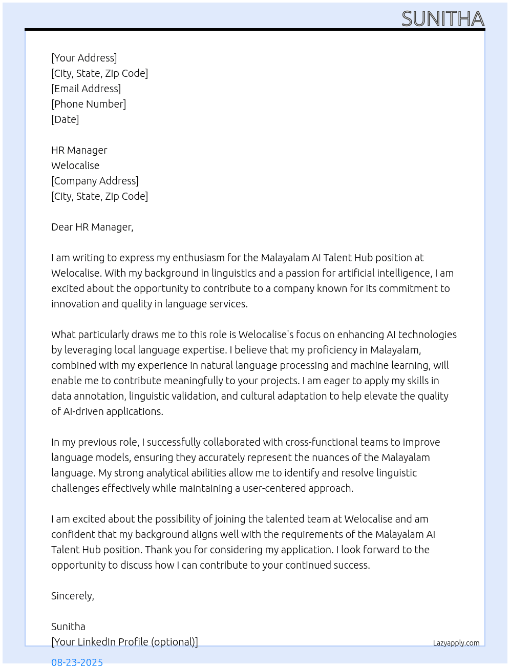 MALAYALAM AI TALENT HUB At WELOCALISE Cover Letter