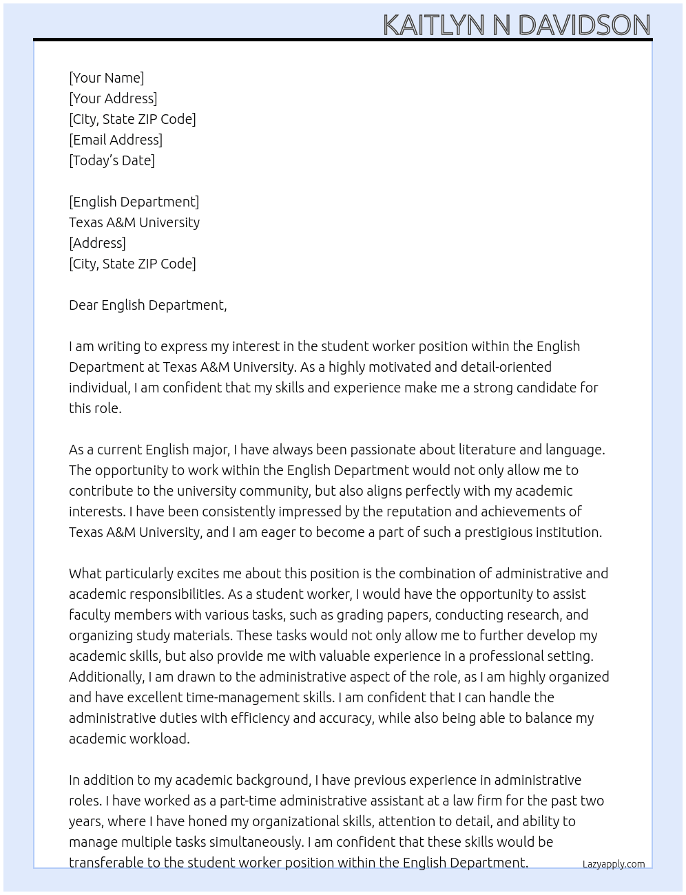 student worker At Texas A&M University Cover Letter