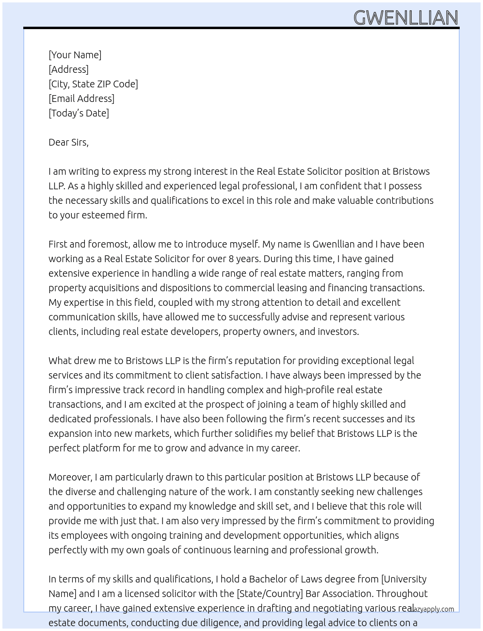 Real Estate Solicitor  At Bristows LLP Cover Letter