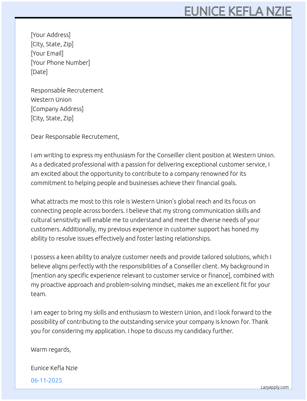 Conseiller client At Western Union Cover Letter