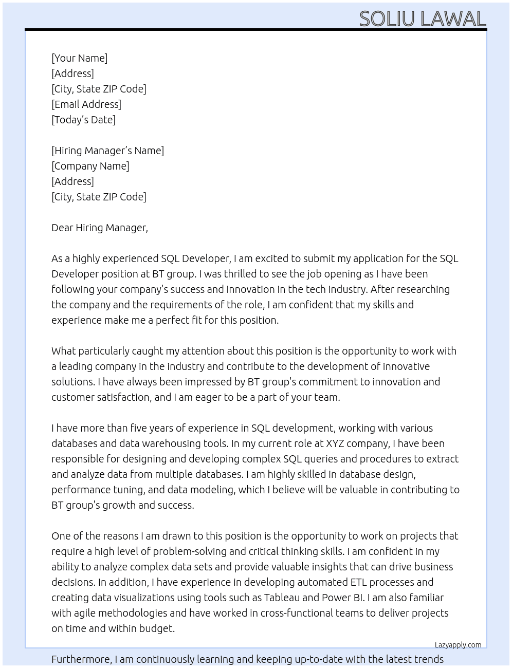 SQL Developer At BT group Cover Letter