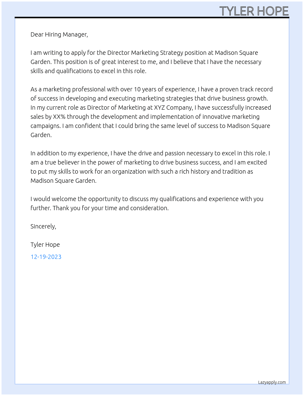 Director Marketing Strategy At Madison Square Garden  Cover Letter