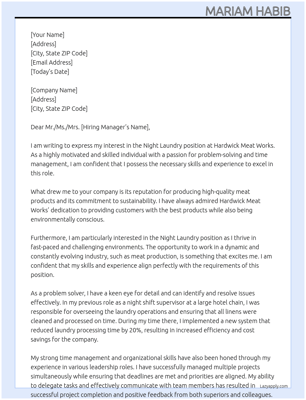 Night Laundry  At Hardwick meat works  Cover Letter