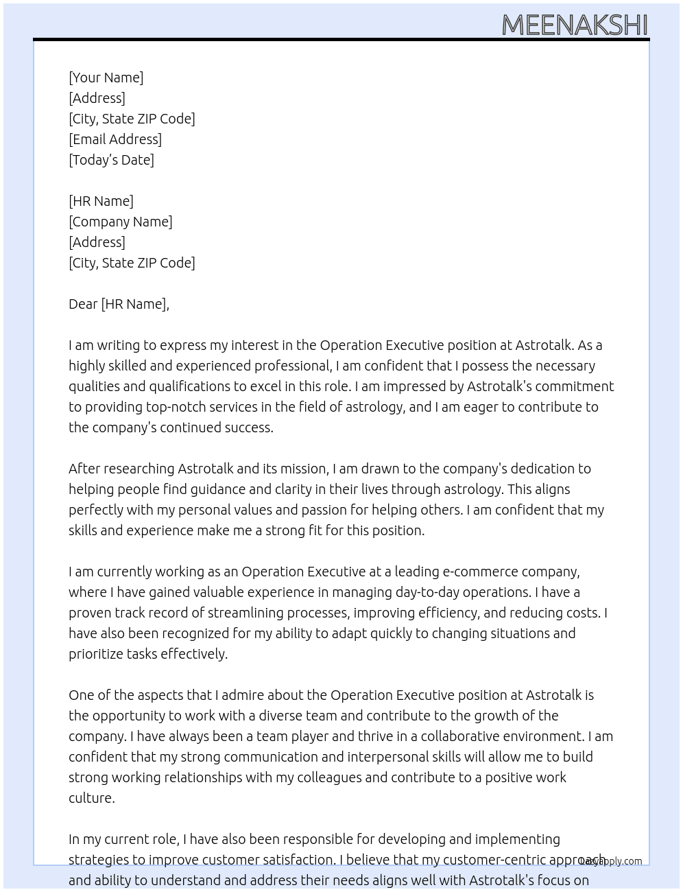 Operation executive At Astrotalk Cover Letter