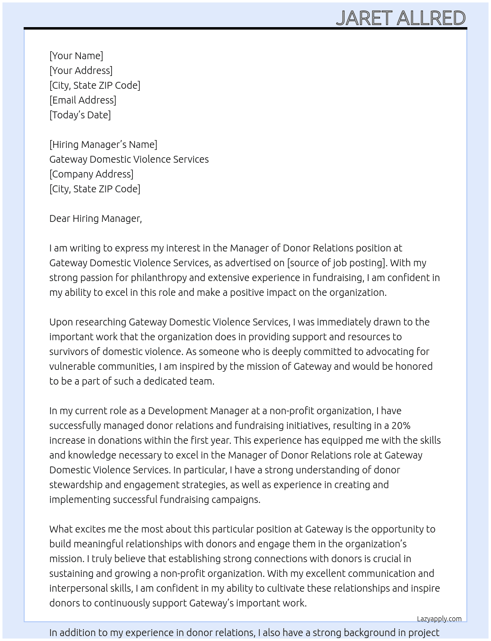 Manager of Donor Relations At Gateway Domestic Violence Services Cover Letter