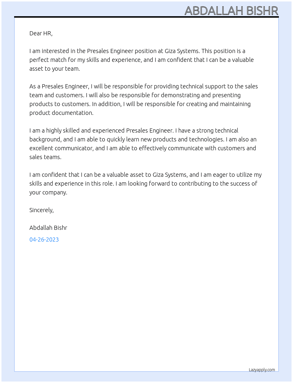 presales engineer At giza systems  Cover Letter
