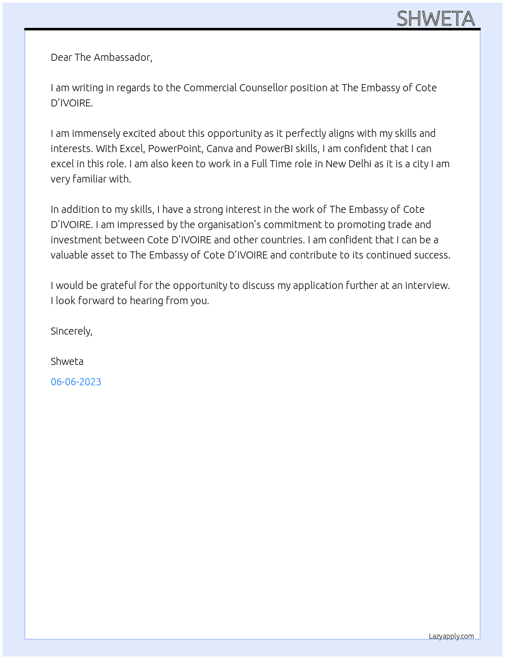 Commercial Counsellor  At The Embassy of Cote D’IVOIRE Cover Letter
