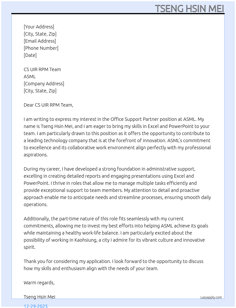Cover letter for one office support partner - LazyApply