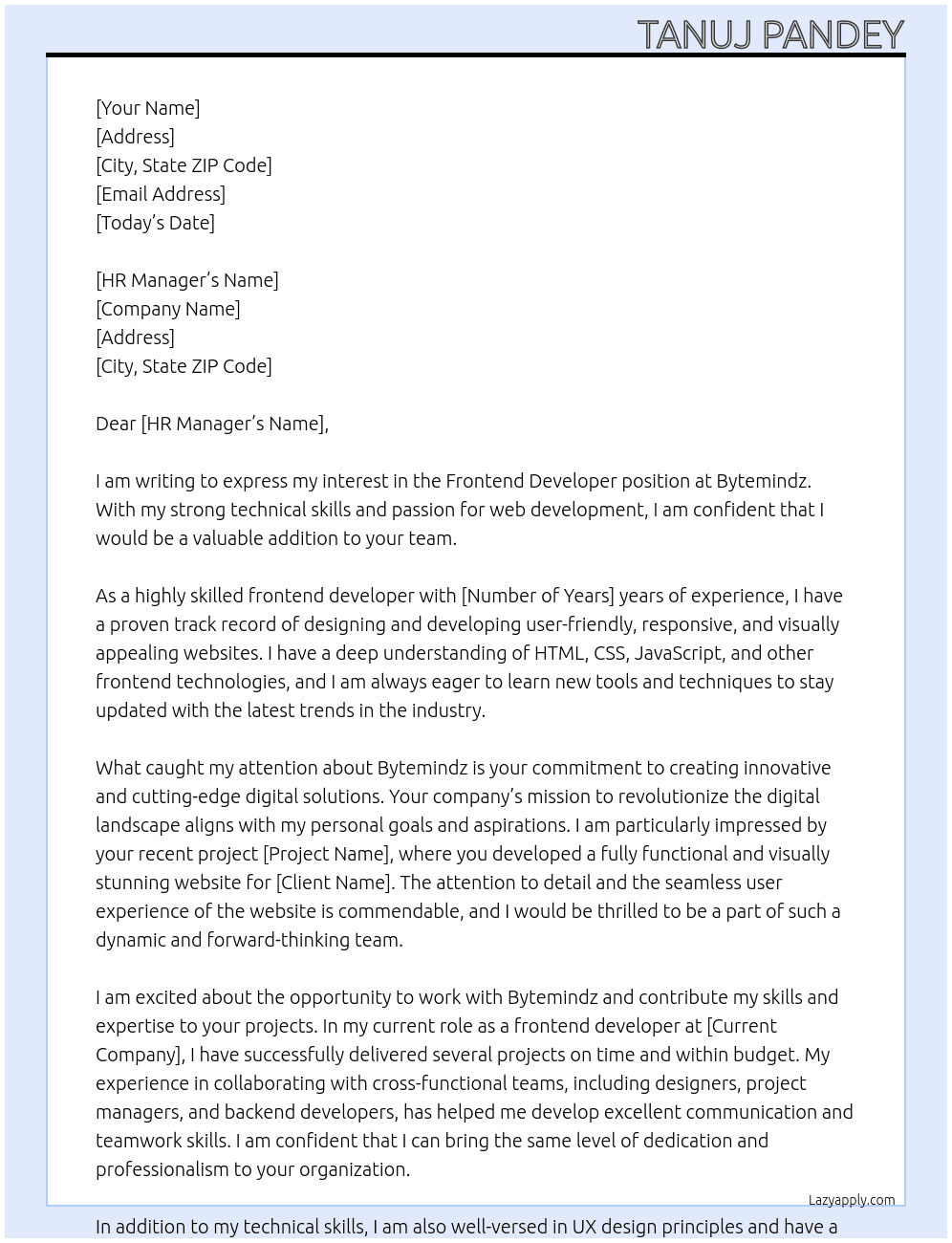 Frontend Developer At Bytemindz Cover Letter