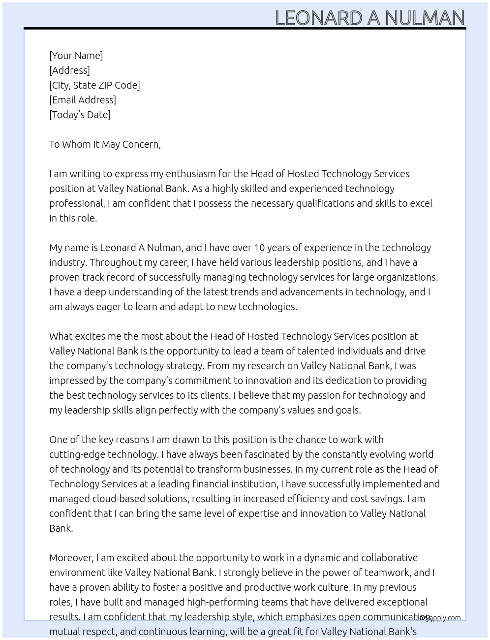 Head of Hosted Technology Services At Valley National Bank Cover Letter