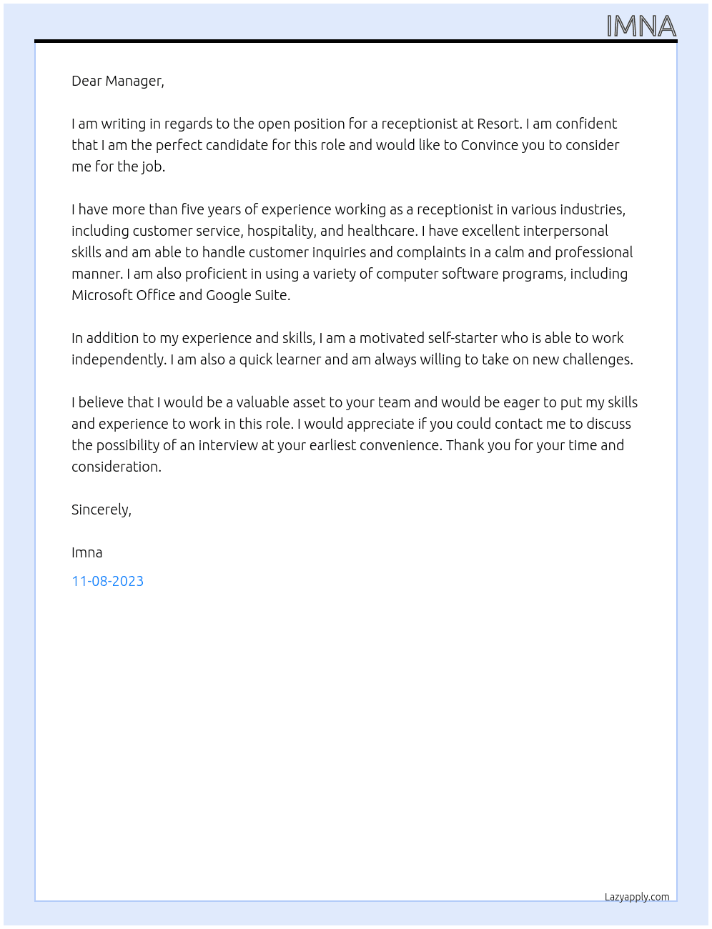 Receptionist  At Resort  Cover Letter