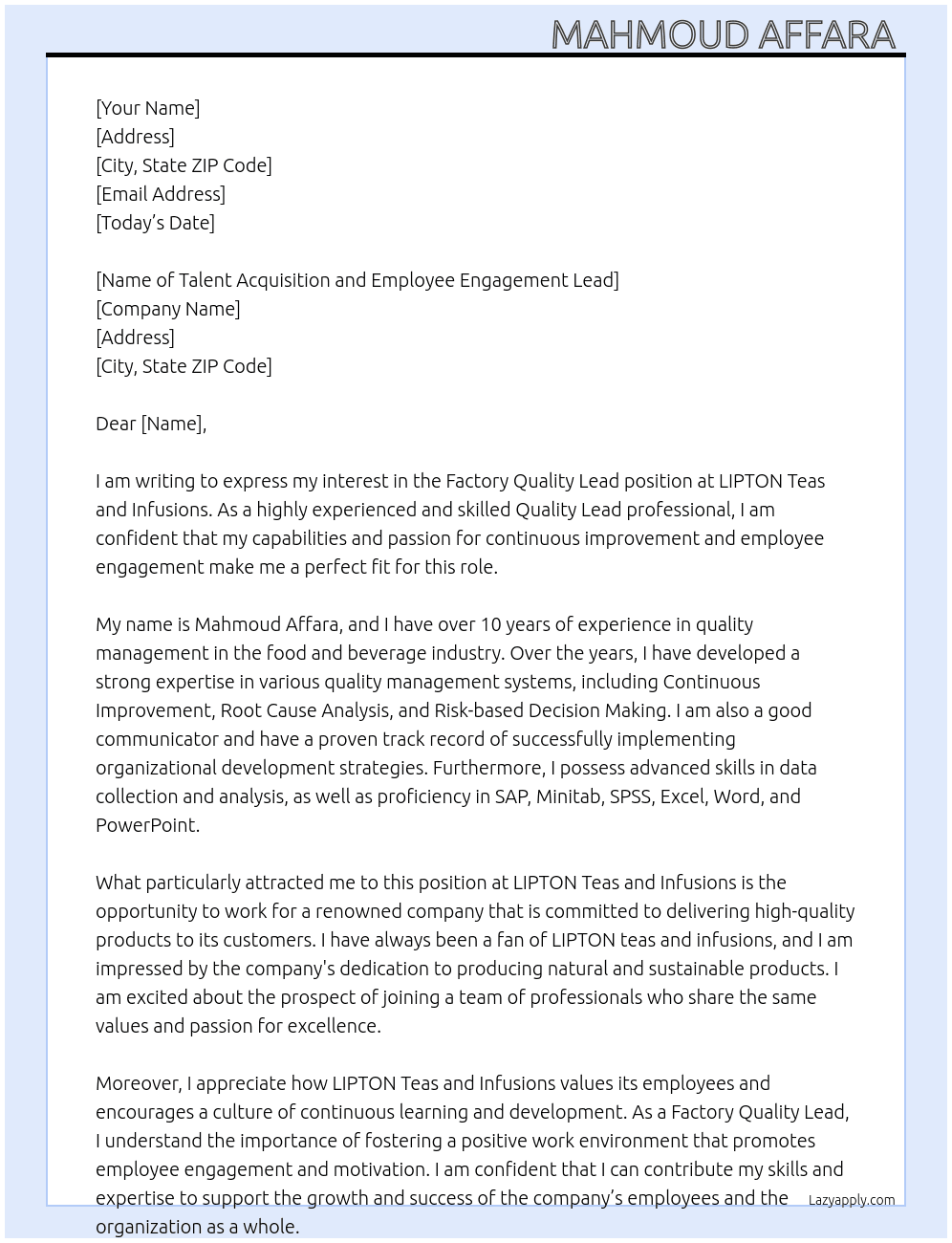 Factory Quality Lead At LIPTON Teas and Infusions Cover Letter