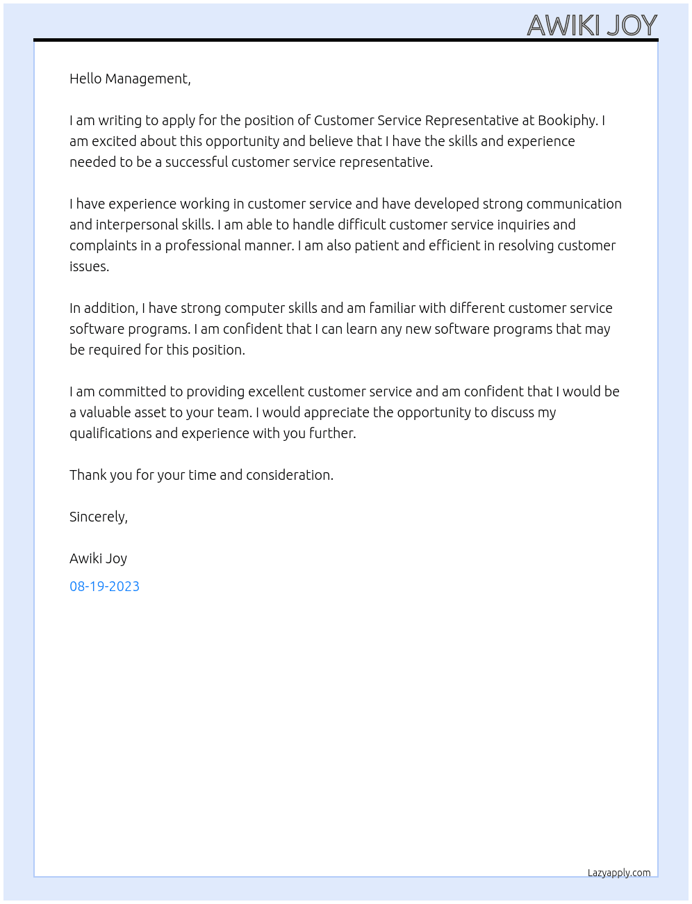 Customer Service Representative  At Bookiphy Cover Letter