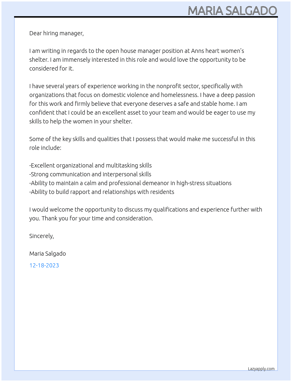 House manager Nonprofit domestic violence homelessness  At Anns heart women’s shelter  Cover Letter