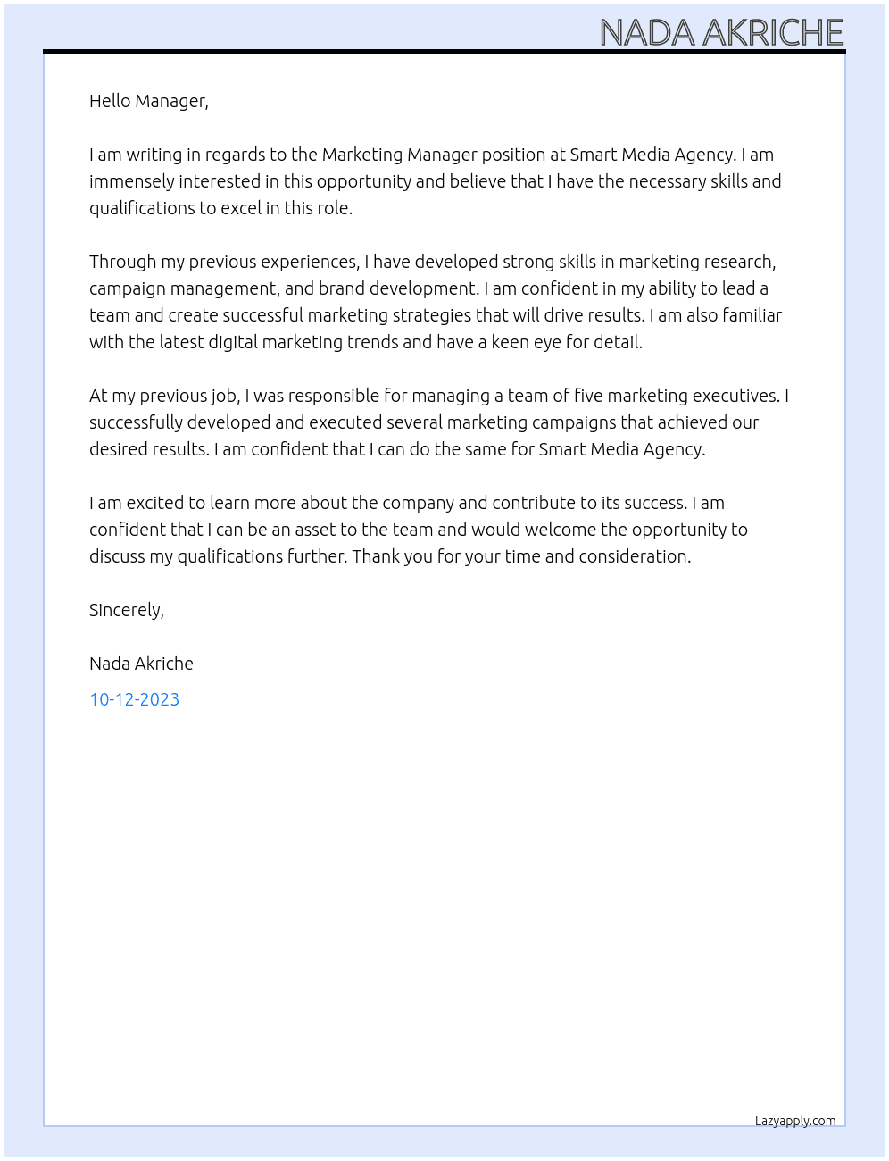 marketing manager At smart media agency Cover Letter