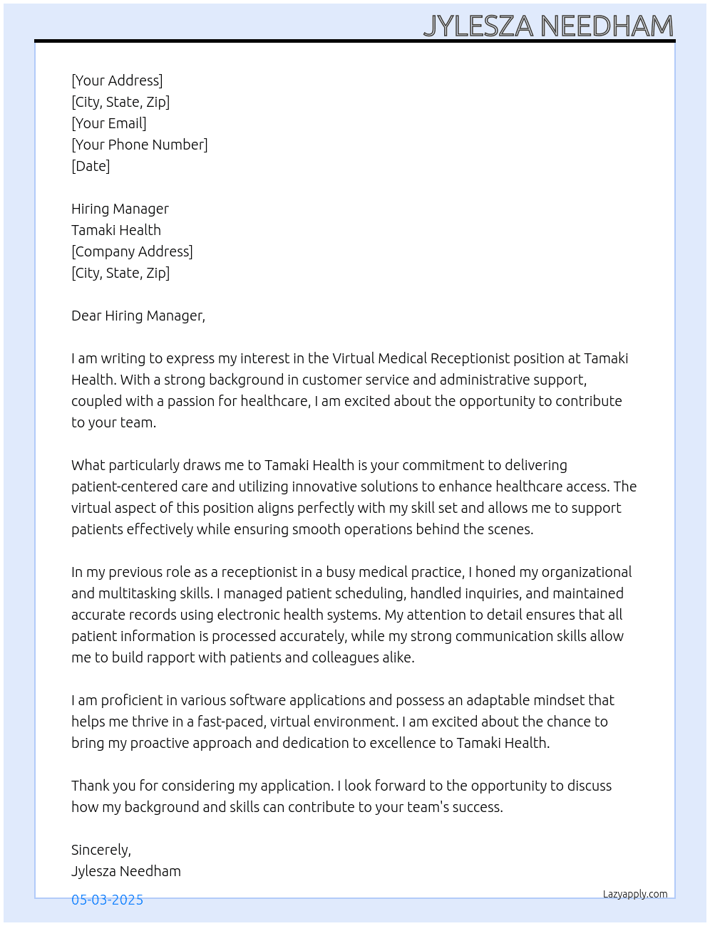 Medical Receptionist- Virtual At Tamaki Health Cover Letter