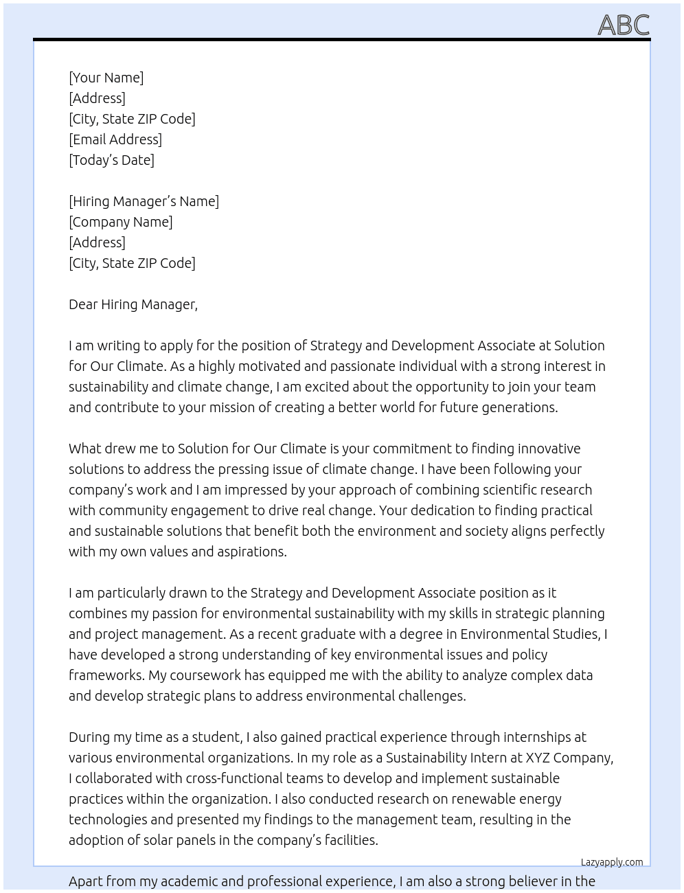 Strategy and Development Associate At Solution for Our Climate Cover Letter