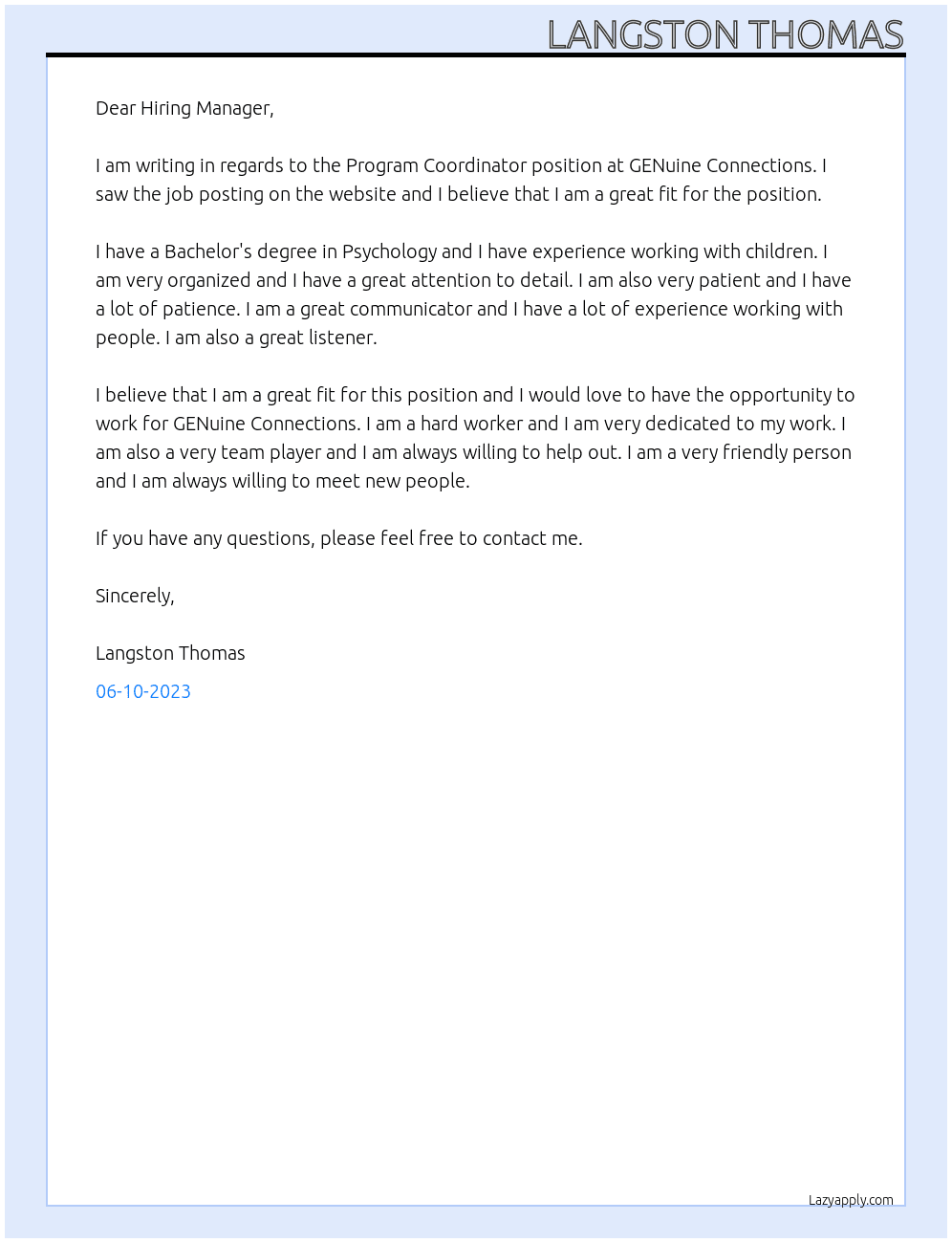 Program Coordinator At GENuine Connections Cover Letter