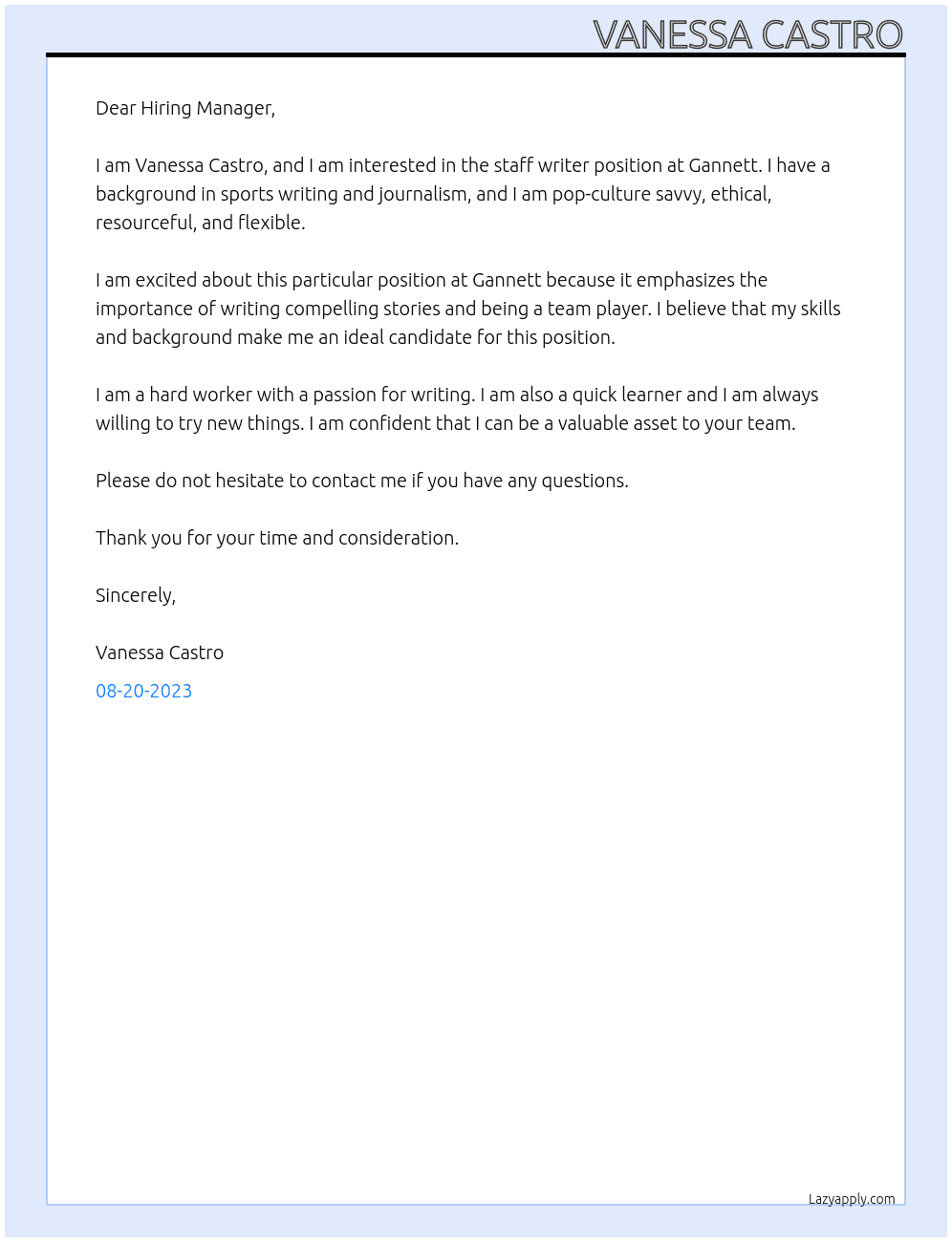 staff writer At Gannett Cover Letter