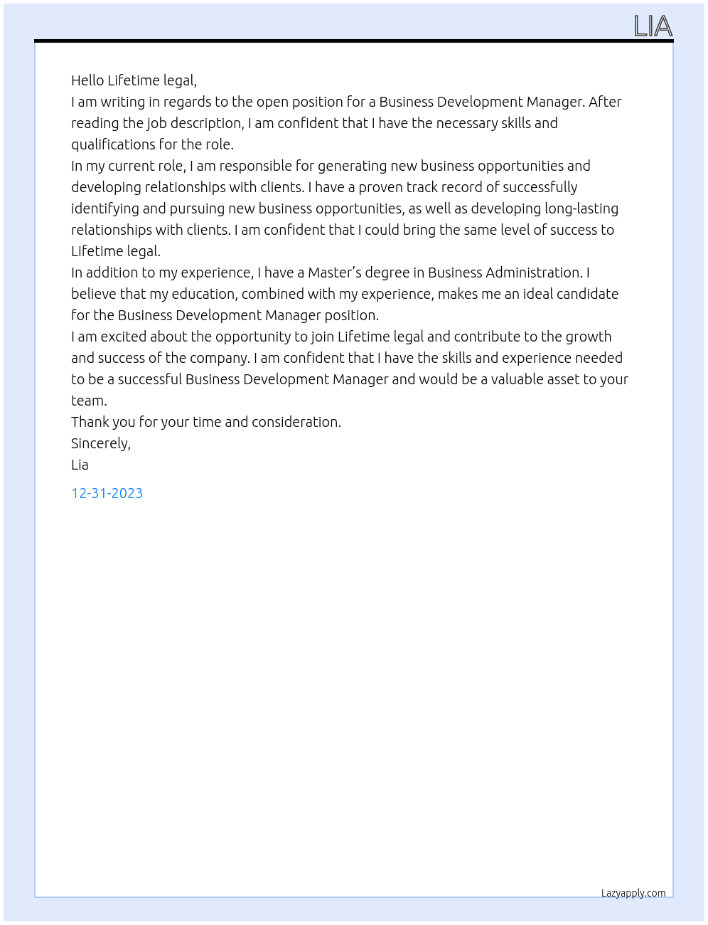 Business development manager  At Lifetime legal Cover Letter
