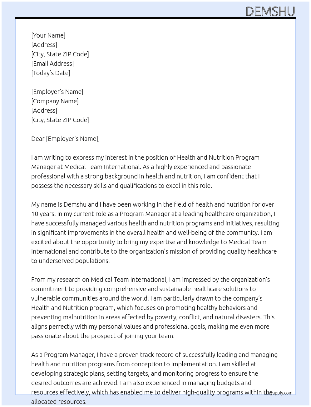 Health and Nutrition Program Manager At Medical team International Cover Letter