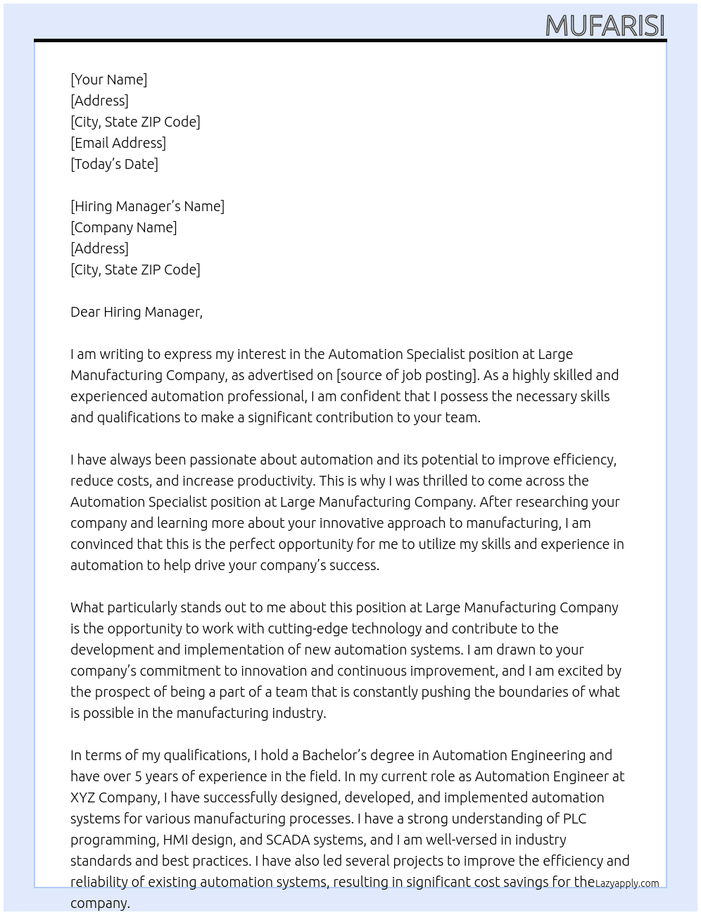 Cover letter for automation specialist - LazyApply