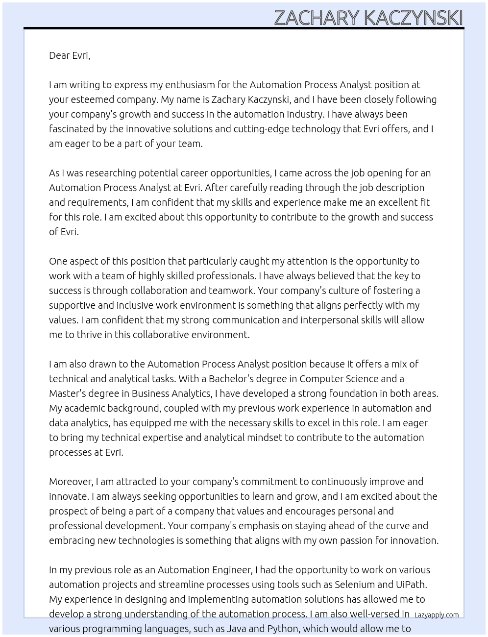 automation process analyst At evri Cover Letter