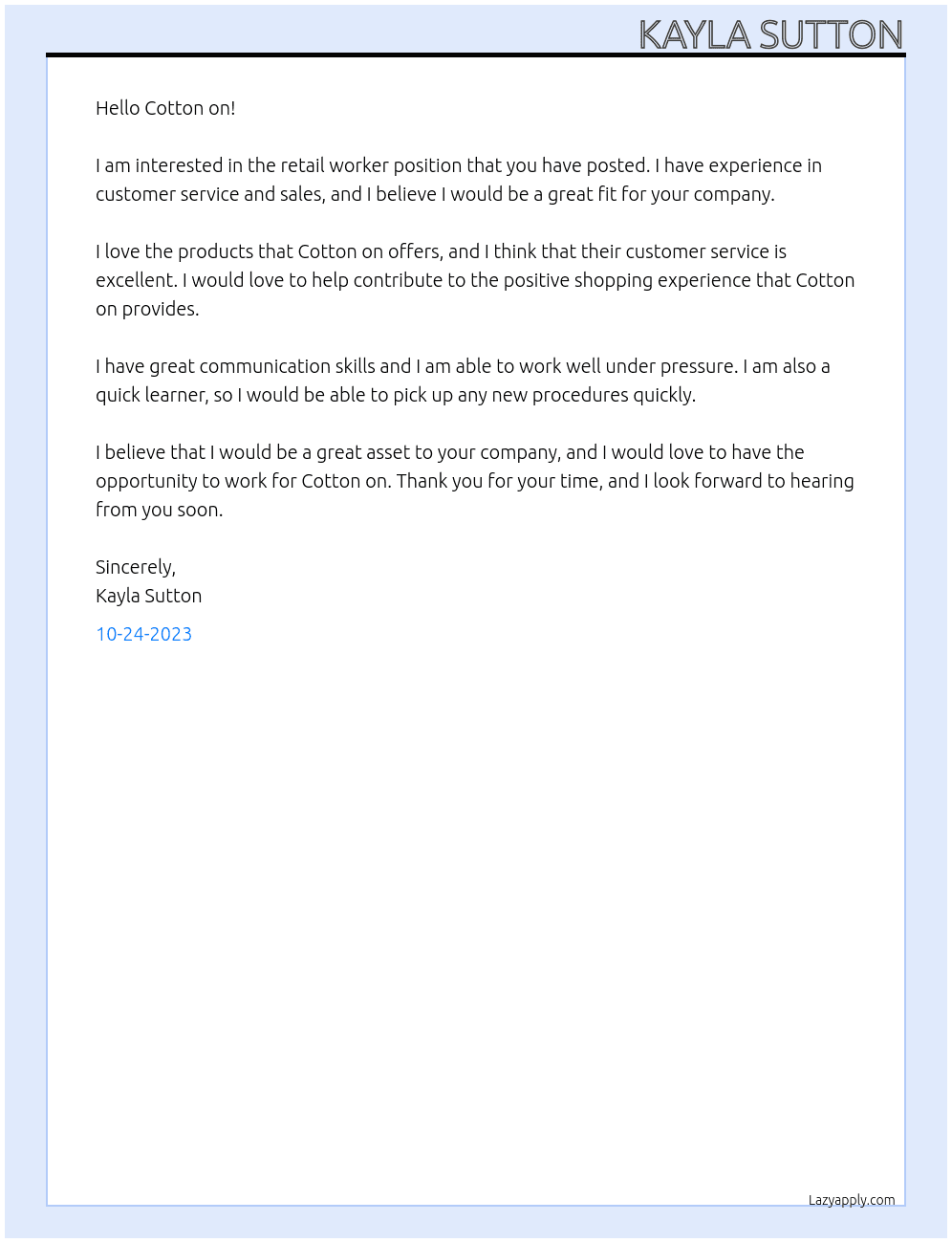 Retail worker At Cotton on Cover Letter