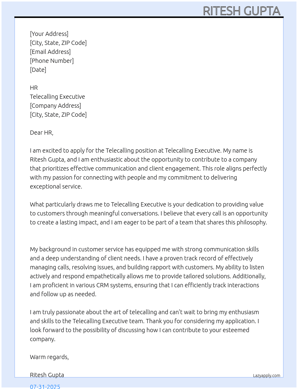 Telecalling  At Telecalling executive  Cover Letter