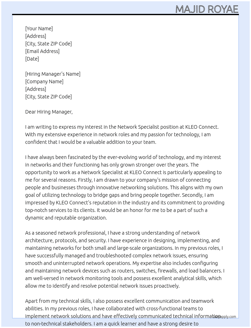Network Specialist At KLEO Connect Cover Letter