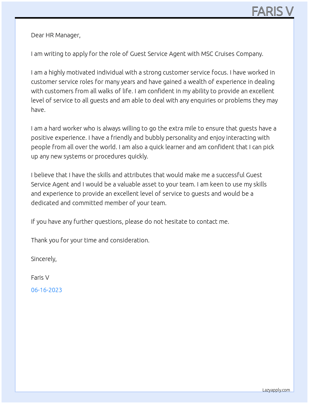 Guest service agent  At MSC cruises company  Cover Letter