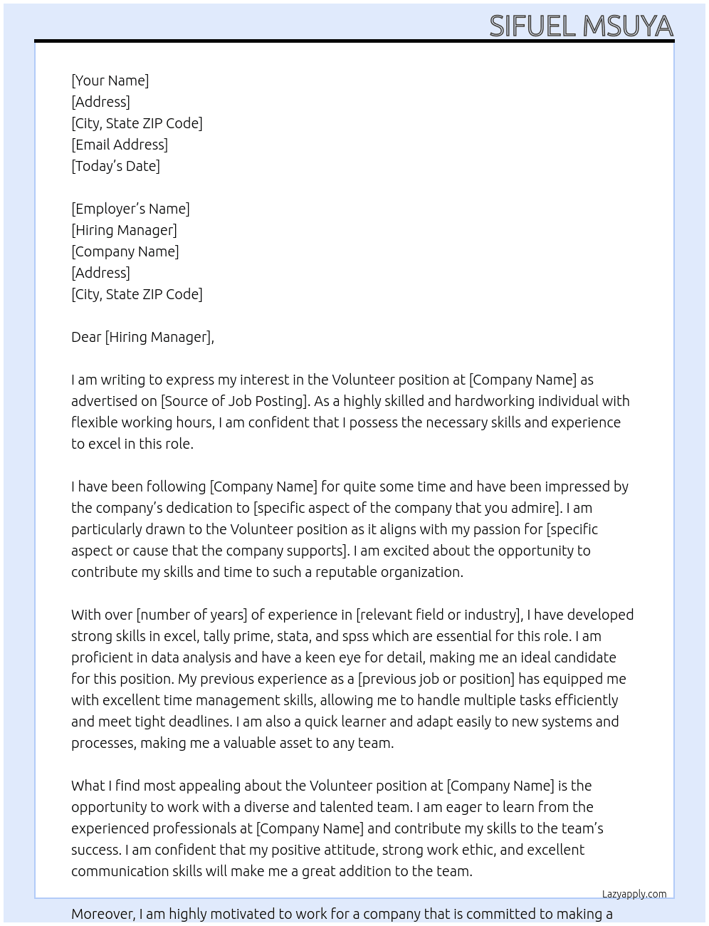 volunteer At yuna Cover Letter