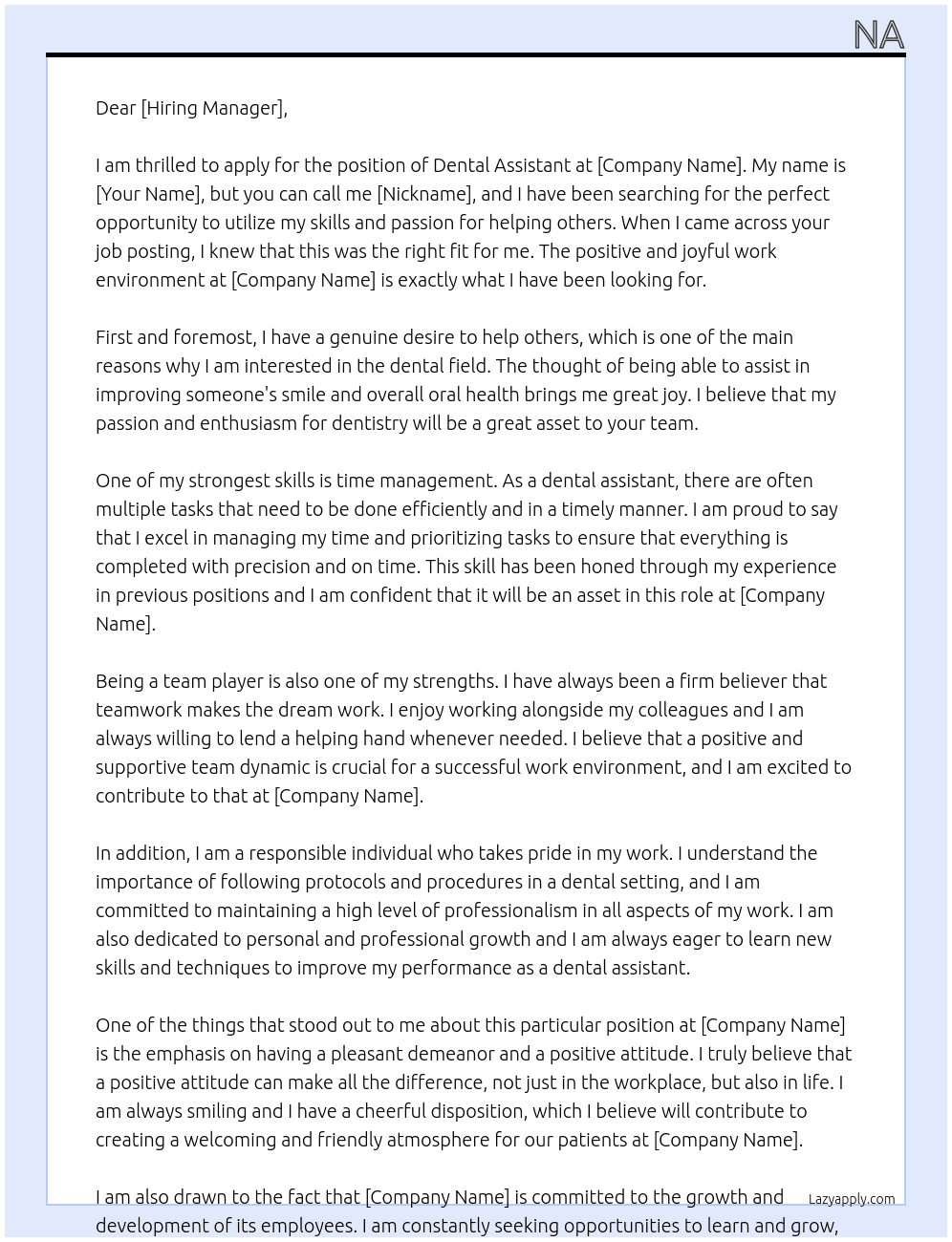 Cover letter for dental assitant - LazyApply