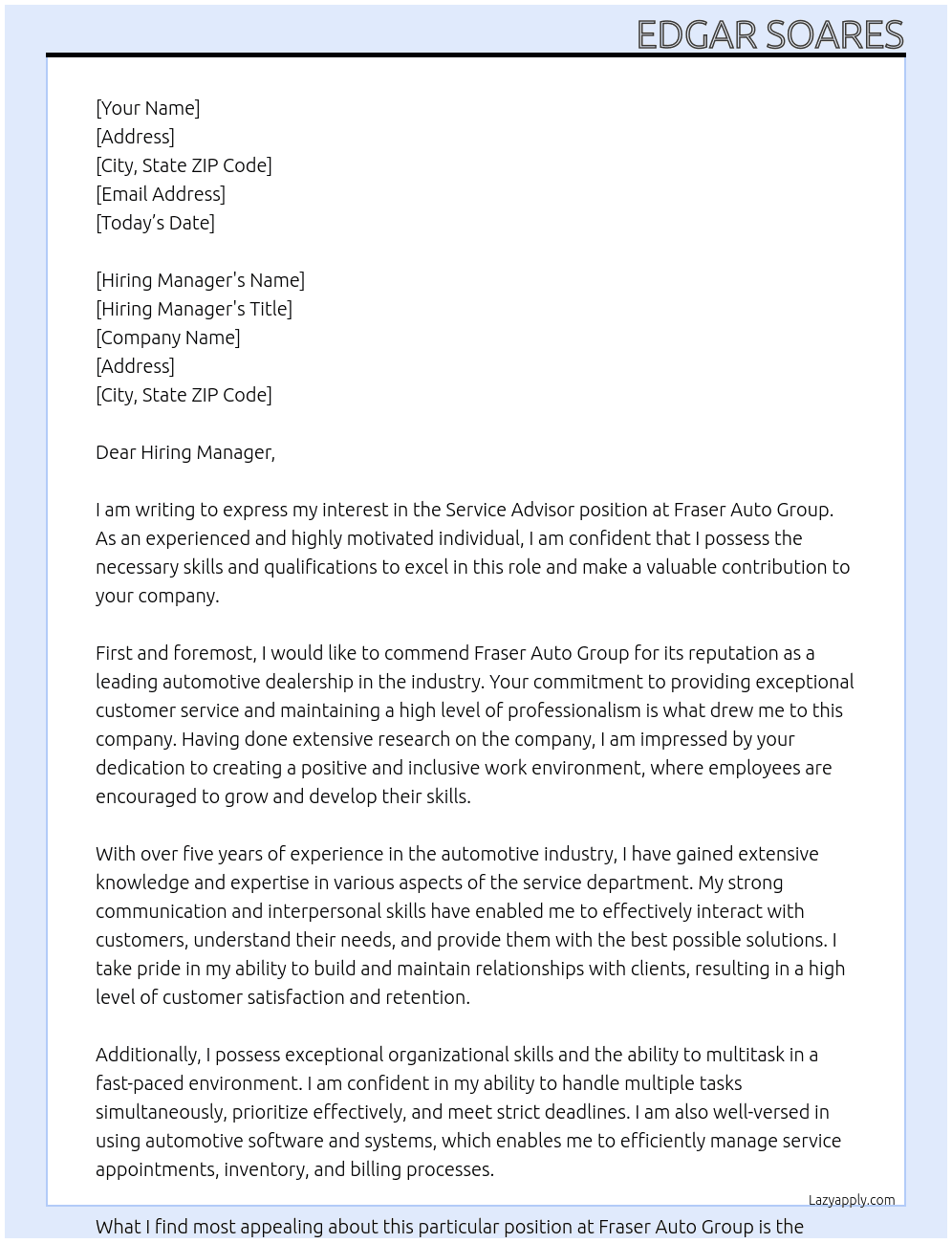Service Advisor At Fraser Auto Group Cover Letter