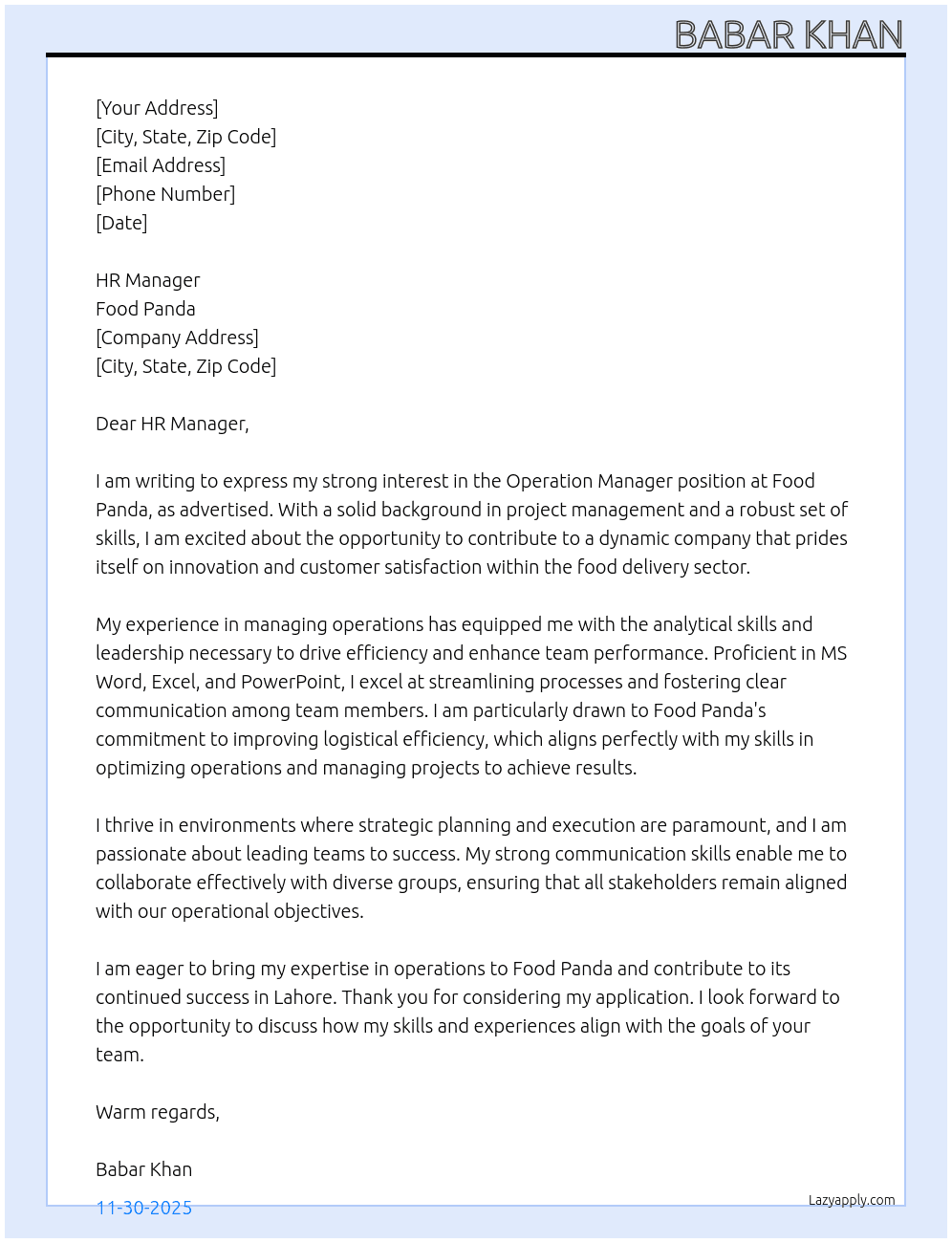 Operation manager At Food panda Cover Letter