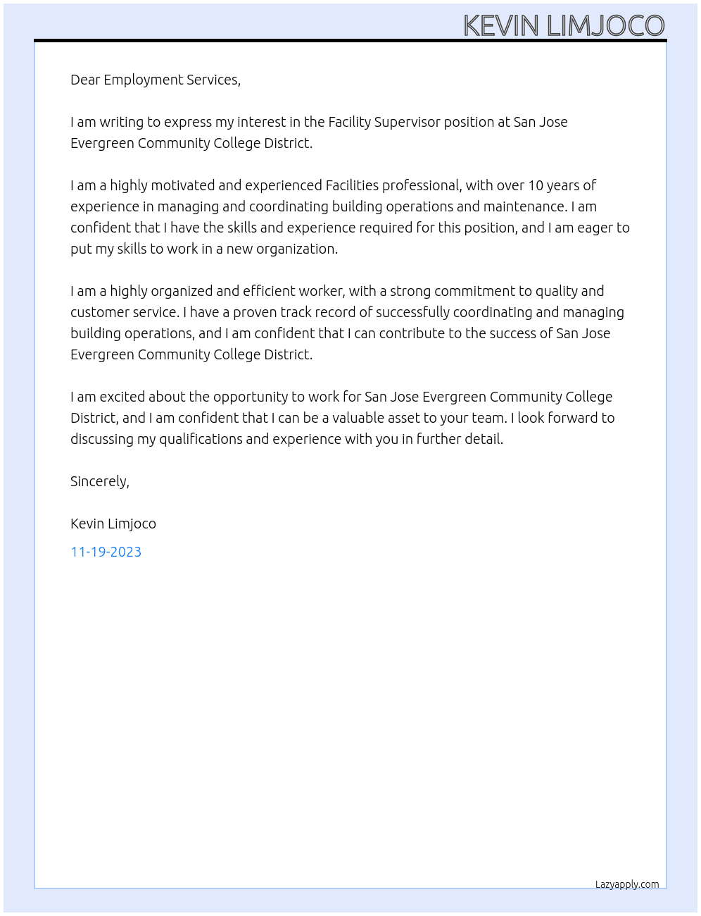 Facility Supervisor  At San Jose Evergreen Community College District Cover Letter