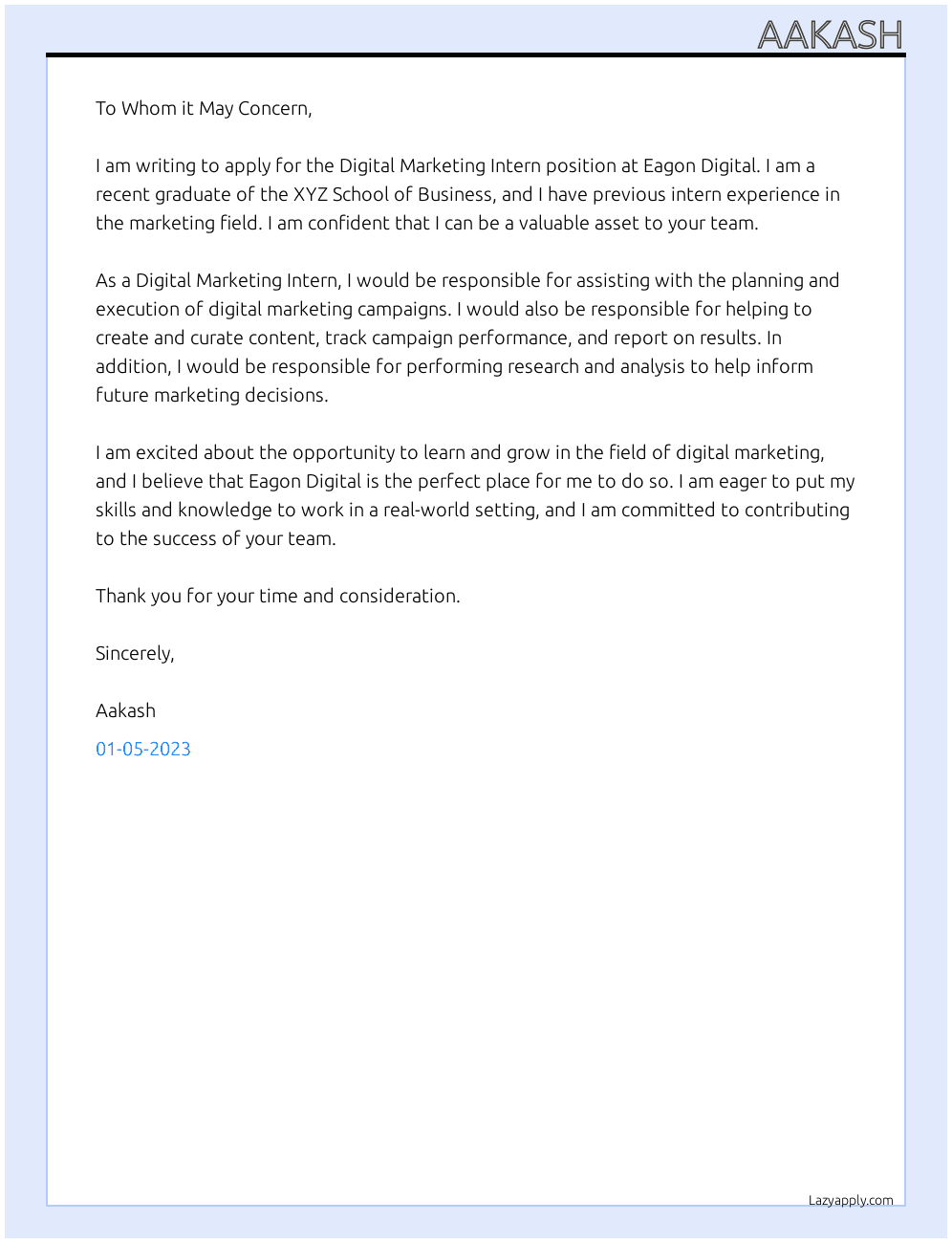 Digital Marketing Intern At Eagon Digital Cover Letter