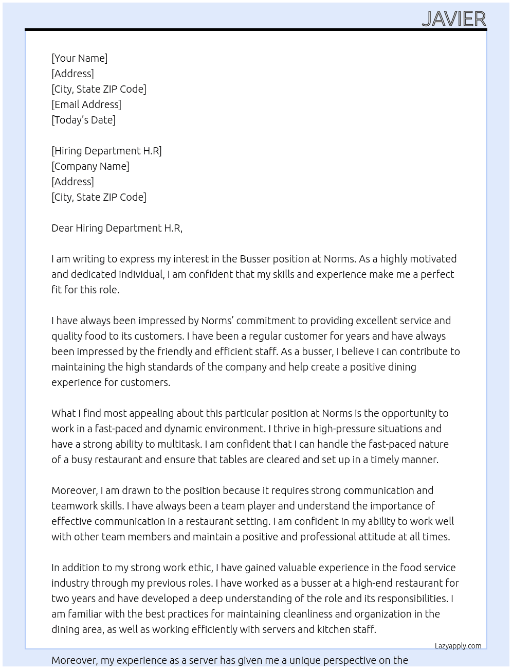 busser At Norms Cover Letter