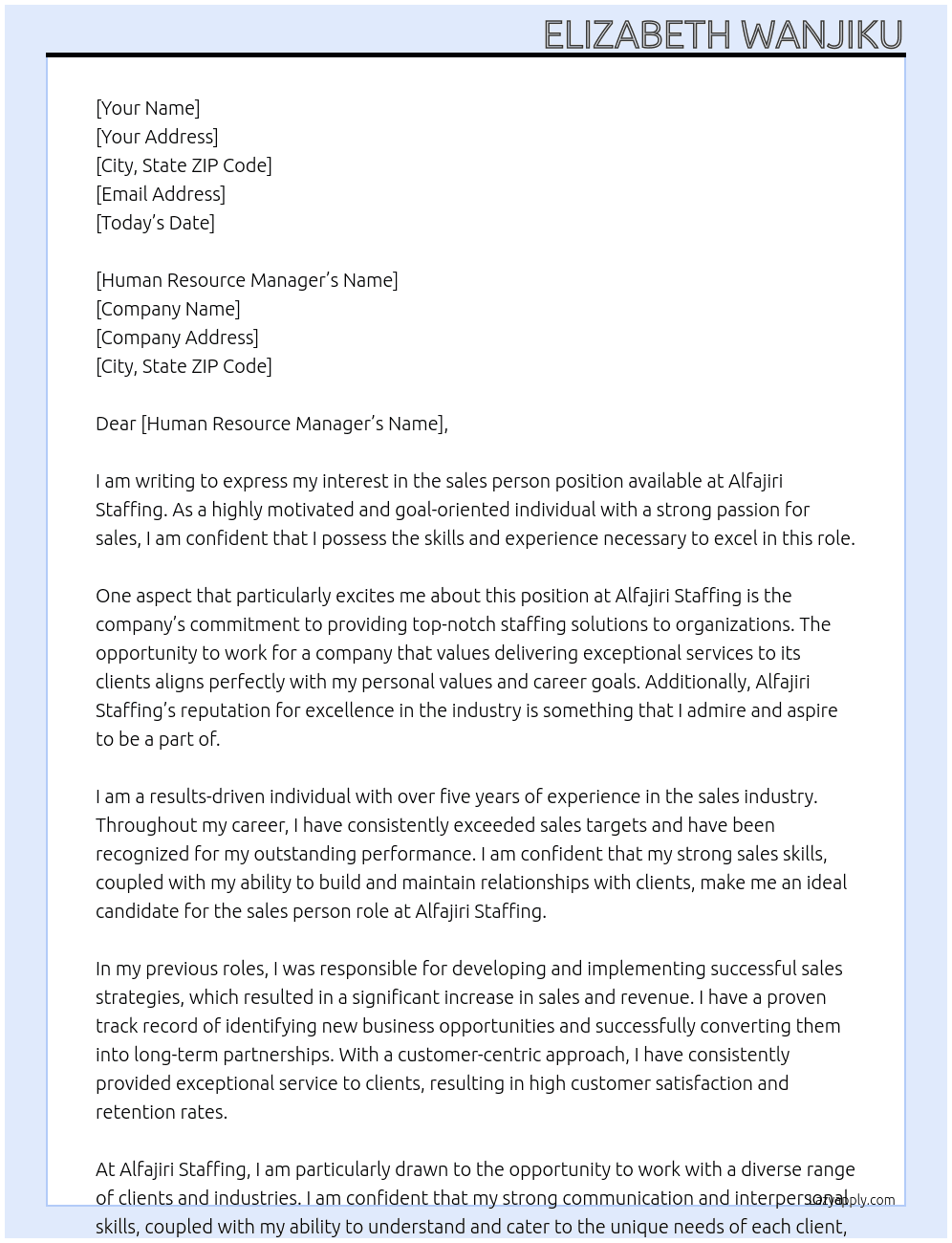 sales person At Alfajiri Staffing Cover Letter