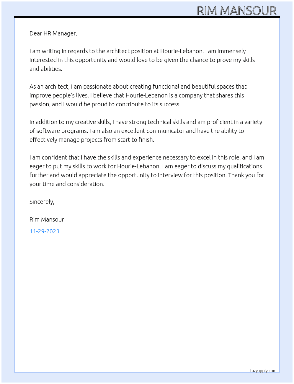 architect  At Hourie-Lebanon Cover Letter