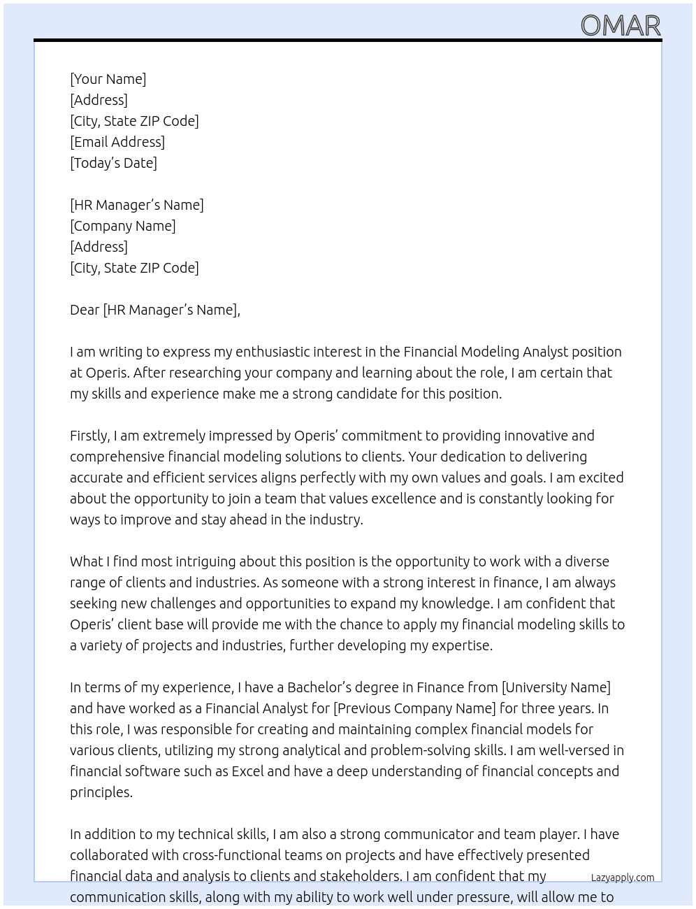 Financial modeling analyst At Operis Cover Letter